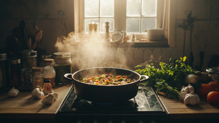 A cozy kitchen scene featuring a steaming pot filled with colorful vegetables. Sunlight filters through the window, creating a warm atmosphere perfect for homecooked meals.の素材