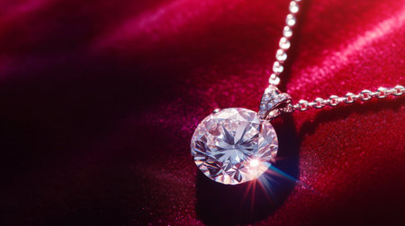 A stunning diamond necklace shines brightly against a rich, red velvet background. The intricate design captures elegance and luxury, perfect for special moments.の素材