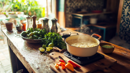 A cozy kitchen scene showcasing fresh ingredients like herbs, peppers, and lime, with a pot simmering on the stove, perfect for culinary inspiration.の素材
