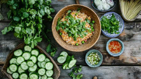 A vibrant display of fresh ingredients including rice, cucumber, and herbs, perfect for Asian dish preparation. Enhance your cooking session with this colorful and healthy arrangement.の素材