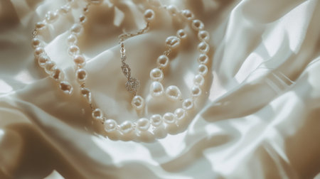 This image showcases an elegant pearl necklace gracefully resting on luxurious silk fabric, highlighting the beauty and softness of the pearls.の素材