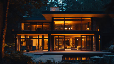 A stunning modern house exterior beautifully illuminated at night. This serene scene showcases stylish architecture nestled in a peaceful forested environment, reflecting tranquility.の素材