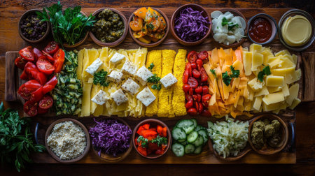 A vibrant array of fresh ingredients arranged beautifully on a wooden platter, perfect for gatherings, picnics, or a healthy meal option.の素材