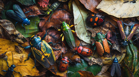 A vibrant collection of colorful insects resting on a bed of autumn leaves, showcasing diverse species and their natural habitats in a rich outdoor environment.の素材