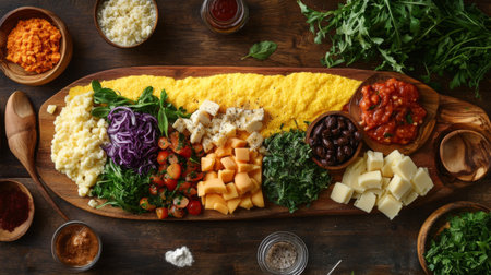 A vibrant display of fresh ingredients beautifully arranged on a wooden board, perfect for culinary preparation or health-focused meals.の素材