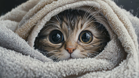 This charming image features a cute cat with large, expressive eyes peeking out from a soft, warm blanket, capturing the essence of comfort and coziness.の素材