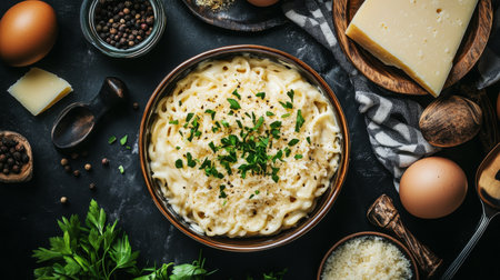 A delightful creamy pasta dish garnished with fresh herbs, surrounded by eggs, cheese, and spices on a rustic table, perfect for culinary inspiration.の素材