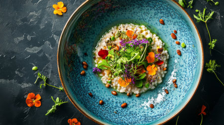 Stunning presentation of a vibrant dish featuring fresh herbs, edible flowers, and colorful ingredients, perfect for culinary art and gourmet dining.の素材