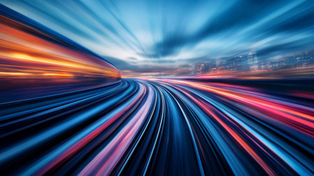 Captivating view of train tracks in motion, capturing the essence of speed and urban energy. The colorful blur creates an abstract urban landscape at dusk.の素材