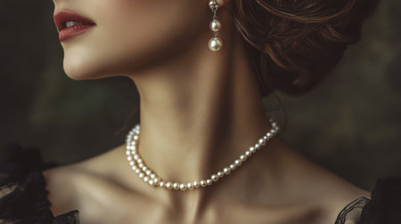 A close-up portrait of an elegant woman featuring pearls as accessories, highlighting a sophisticated look, stylish makeup, and graceful neck.の素材
