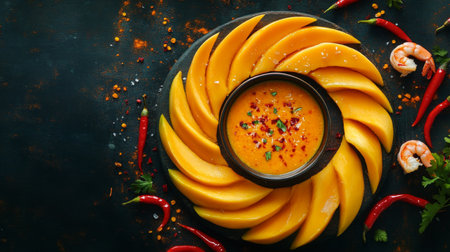 A vibrant arrangement of fresh mango slices served with a spicy sauce and shrimp, showcasing a fusion of tropical and savory flavors. Perfect for a gourmet dish.の素材