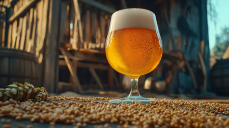 A refreshing glass of golden beer with a frothy top sits elegantly on a wooden table adorned with barley grains, showcasing rustic brewing charm.の素材