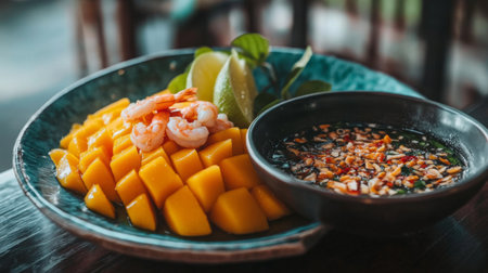 A vibrant plate featuring juicy mango cubes topped with succulent shrimp, accompanied by a flavorful dipping sauce and lime wedges, perfect for seafood lovers.の素材