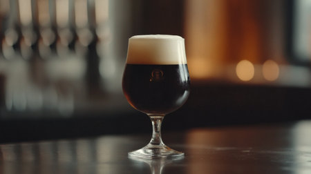 A beautifully styled glass of dark beer topped with a frothy foam head, set on a wooden table in an inviting bar atmosphere, perfect for relaxation.の素材