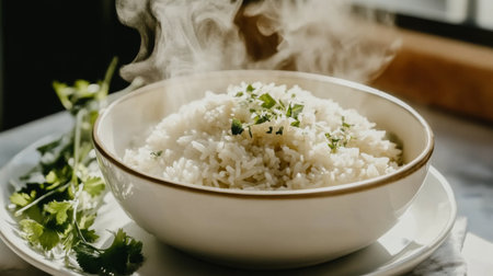 A bowl of steaming white rice garnished with fresh herbs, perfect for enhancing any meal. Ideal for culinary presentations or food-related projects.の素材