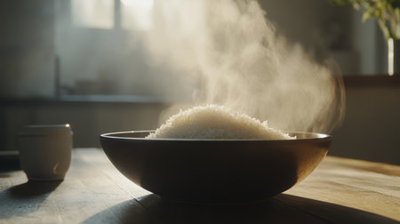 A steaming bowl of freshly cooked rice sits on a wooden table, illuminated by soft natural light. The appealing texture and warmth evoke a sense of comfort and home.の素材
