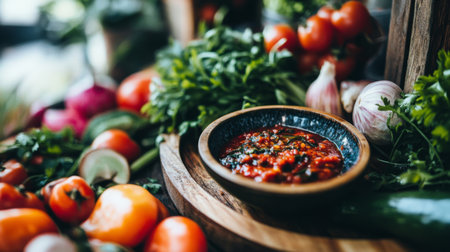 A vibrant assortment of fresh vegetables and herbs with a flavorful sauce in a rustic bowl, perfect for culinary inspiration and healthy cooking.の素材