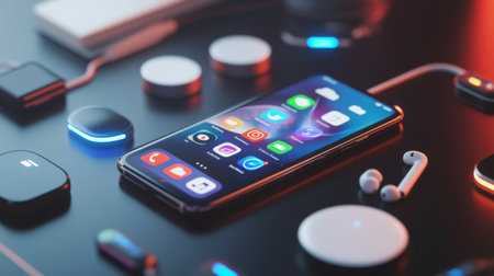 A sleek smartphone rests among various tech accessories, showcasing a vibrant app screen. The setup highlights modern connectivity and digital lifestyle.の素材
