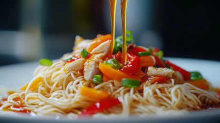 A vibrant plate of delicious noodles topped with colorful vegetables and drizzled with a savory sauce, perfect for any meal occasion.の素材