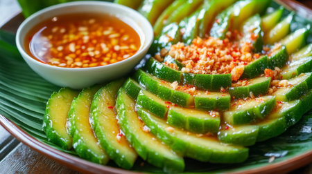 This vibrant cucumber salad features fresh slices served with a savory dipping sauce, perfect for a healthy appetizer or snack option. Ideal for summer meals.の素材