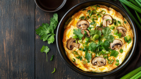 A vibrant mushroom omelette garnished with fresh cilantro and green onions, presented on a rustic wooden table, perfect for a healthy breakfast.の素材