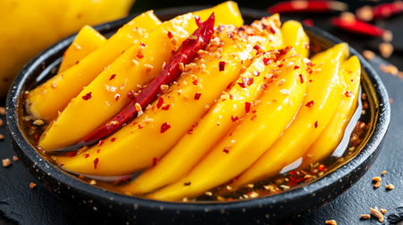 A vibrant close-up of spicy mango slices garnished with chili and seasoning. This visually appealing dish is perfect for gourmet presentations and tropical recipes.の素材