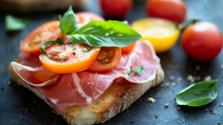 A vibrant bruschetta featuring fresh tomatoes, basil leaves, and savory ham atop toasted bread. Perfect for summer gatherings or gourmet snacks.の素材
