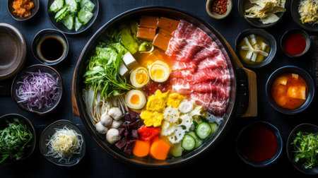 A vibrant hot pot dish filled with fresh vegetables, meats, and flavorful broth, ideal for sharing and enjoying a cozy meal with friends or family.の素材