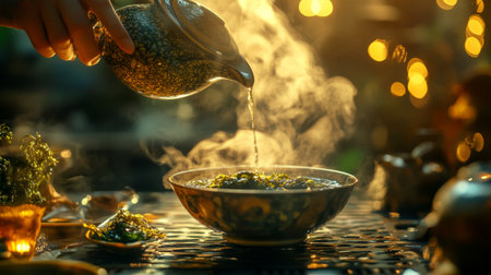 A serene moment capturing the art of pouring hot tea into a bowl, with steam rising against a warm, softly lit background, conveying tranquility and comfort.の素材