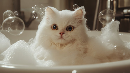 A fluffy white cat enjoys a playful bubble bath, surrounded by frothy bubbles and a cozy atmosphere. This adorable moment captures joy and innocence.の素材