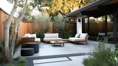 A serene modern outdoor living space featuring stylish furniture and lush greenery, perfect for relaxation and social gatherings. Enjoy the tranquility!の素材