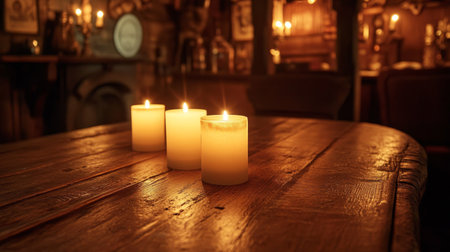 A serene scene featuring soft candlelight flickering on a rustic wooden table, creating a warm and inviting atmosphere perfect for relaxation and intimate gatherings.の素材