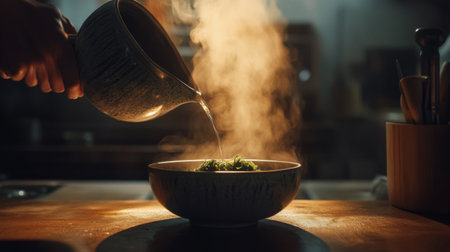 A serene kitchen scene featuring a hand pouring hot water into a bowl, creating steam and an inviting atmosphere, perfect for showcasing culinary warmth and freshness.の素材