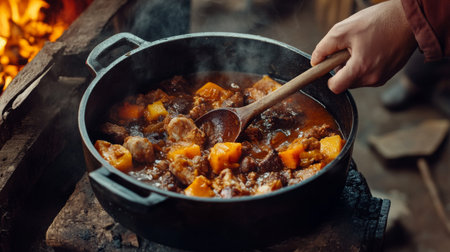 A rustic pot filled with hearty stew simmers over an open fire. The warm, inviting colors and rich textures highlight a cozy cooking experience in nature.の素材