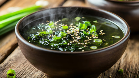 A warm bowl of fresh green soup filled with vegetables and herbs. Perfect for healthy eating, this recipe showcases vibrant ingredients and steam.の素材