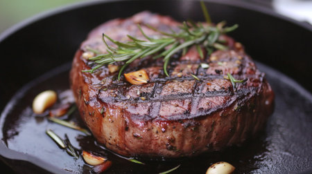 A beautifully grilled steak garnished with fresh rosemary and garlic, served on a cast iron pan. Perfect for food lovers and culinary enthusiasts.の素材