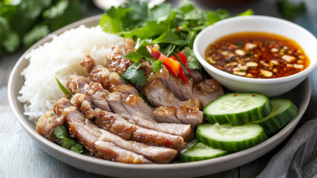 A beautifully arranged plate featuring sliced pork, fragrant rice, fresh vegetables, and a savory sauce, perfect for any meal occasion.の素材