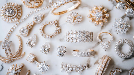 A stunning assortment of intricate jewelry pieces showcasing diamonds and gold, perfect for adding elegance and style to any fashion collection or special occasion.の素材