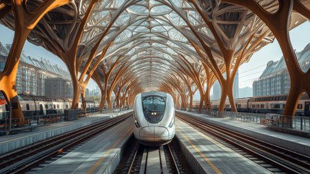 A striking modern train station featuring unique architectural design, blending steel and wood elements. The image captures the essence of urban transport and travel.の素材