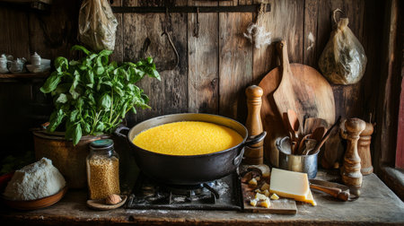 A cozy rustic kitchen scene featuring a large pot of yellow food, herbs, and cooking ingredients. Perfect for showcasing home cooking and culinary traditions.の素材