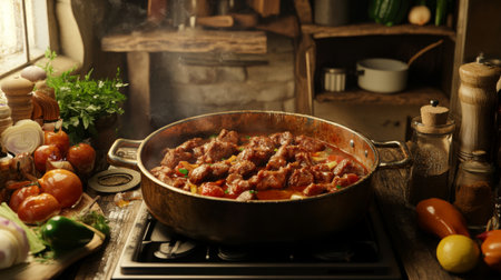 A delicious stew simmers in a traditional kitchen, surrounded by fresh vegetables and herbs, creating a warm and inviting atmosphere for cooking.の素材