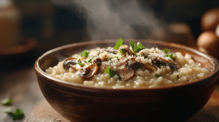 Indulge in a warm bowl of creamy mushroom risotto topped with fresh herbs and parmesan. This rustic dish combines rich flavors and aromas for a comforting meal.の素材