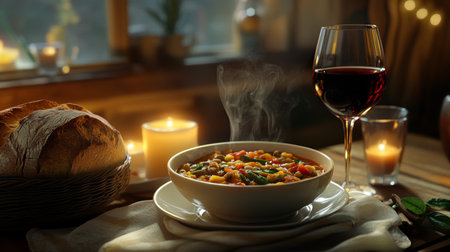 A warm and inviting dinner scene featuring a steaming bowl of soup, a glass of red wine, and freshly baked bread, all set against a cozy candlelit ambiance.の素材