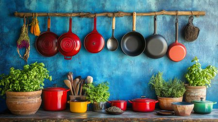 A vibrant kitchen scene showcasing colorful cookware and fresh herbs against a blue wall, creating a lively and inviting atmosphere for cooking enthusiasts.の素材