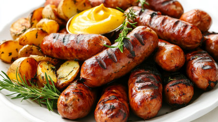 A delicious arrangement of grilled sausages and golden potatoes served with mustard, garnished with fresh herbs, perfect for any summer cookout or picnic.の素材