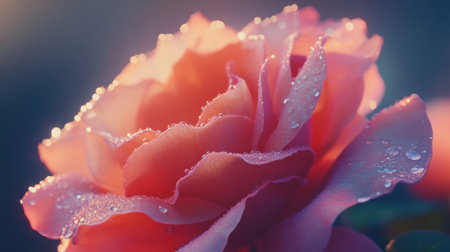 A stunning closeup of a soft pink rose adorned with water droplets, capturing the essence of beauty and tranquility in nature's bloom. Perfect for floral themes.の素材