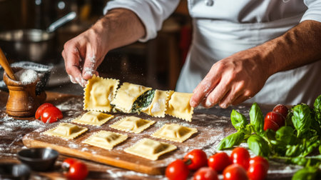 A chef skillfully prepares homemade ravioli with fresh ingredients in a rustic kitchen. Vibrant tomatoes and basil enhance the culinary experience.の素材