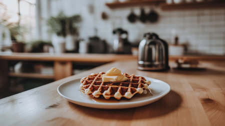 A beautifully plated waffle topped with butter on a wooden table, perfect for breakfast or brunch. The cozy kitchen setting adds warmth to the scene.の素材
