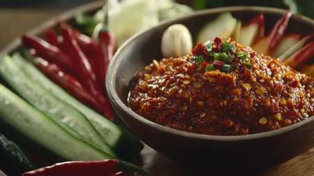 A vibrant image showcasing a spicy chili sauce served with fresh vegetables, perfect for dipping. Ideal for culinary and food photography needs.の素材