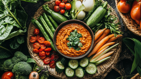 A vibrant display of fresh vegetables surrounds a bowl of dip, showcasing a healthy and colorful arrangement perfect for culinary inspiration or healthy eating concepts.の素材